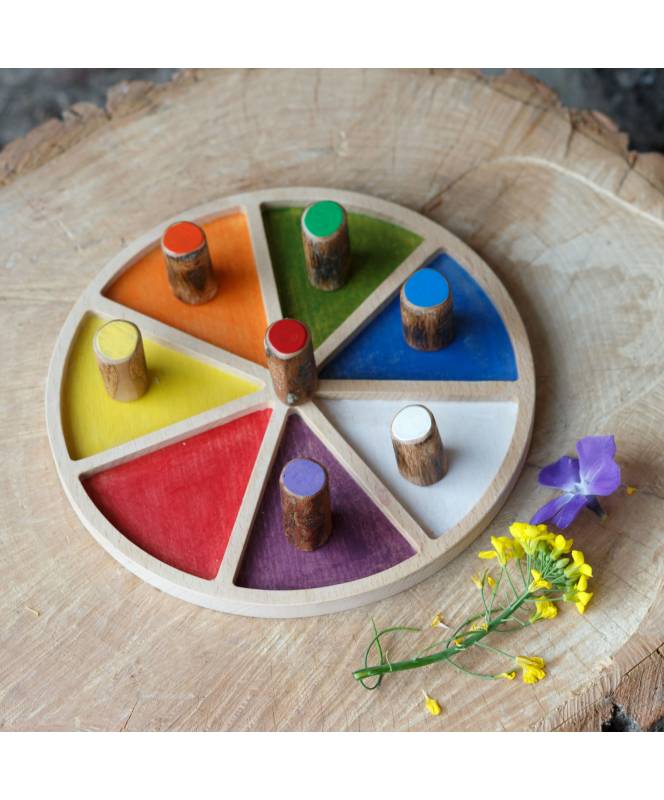 Rainbow wooden toy wheel for colour sorting, from Cocoletes